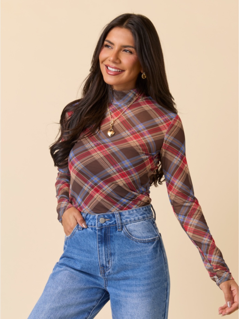 Pink Lily Brown Multi Plaid Mock Neck Long Sleeve Top